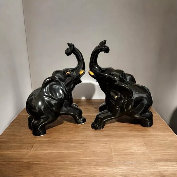 Vintage Ceramic Elephants (2) Black 1960 Gold Trunk Up Home Decor - Picture 1 of 9